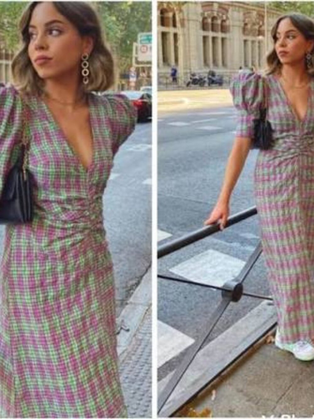 ZARA Plaid Geometric Print Puff Sleeve Ruched Midi Dress Green Purple 4688/313